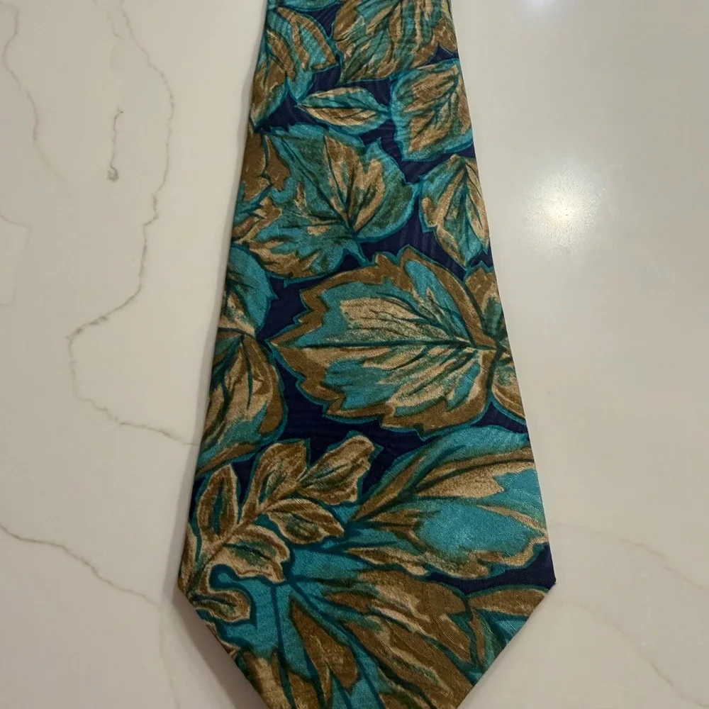 Marina Di Carrara Mens Silk Tie Teal Gold Leaf Botanical Hand‎ Made Italy